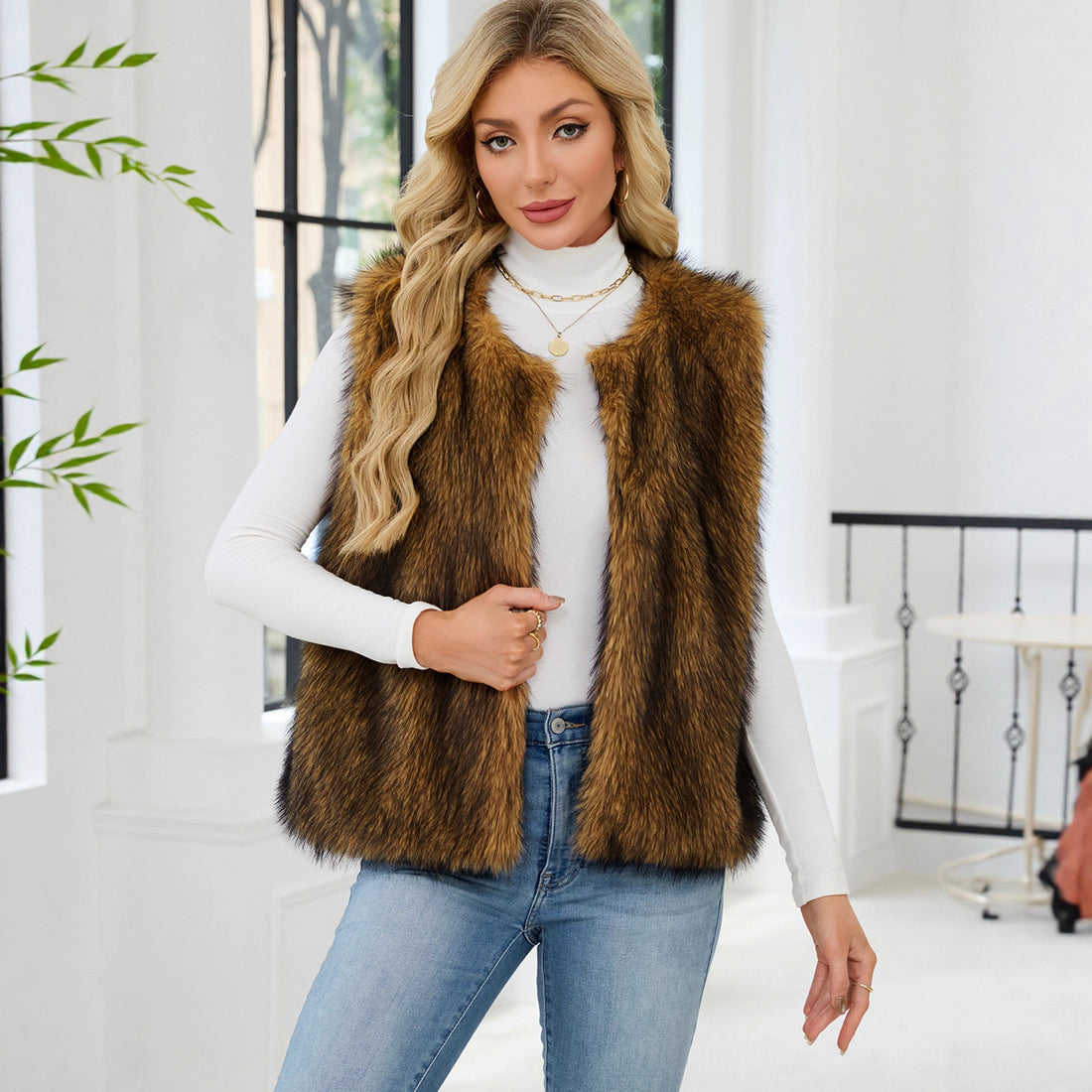 Faux Fur V-Neck Vest Sleeveless Top
