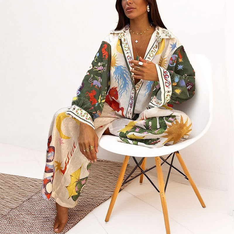 Printed Stand Collar Batwing Sleeve Loose Top with High-Waisted Wide-Leg Pant