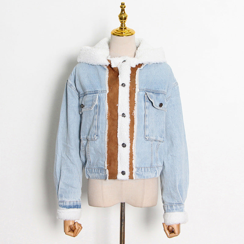 Fashion Designed Lamb Wool with Denim Jacket Coats