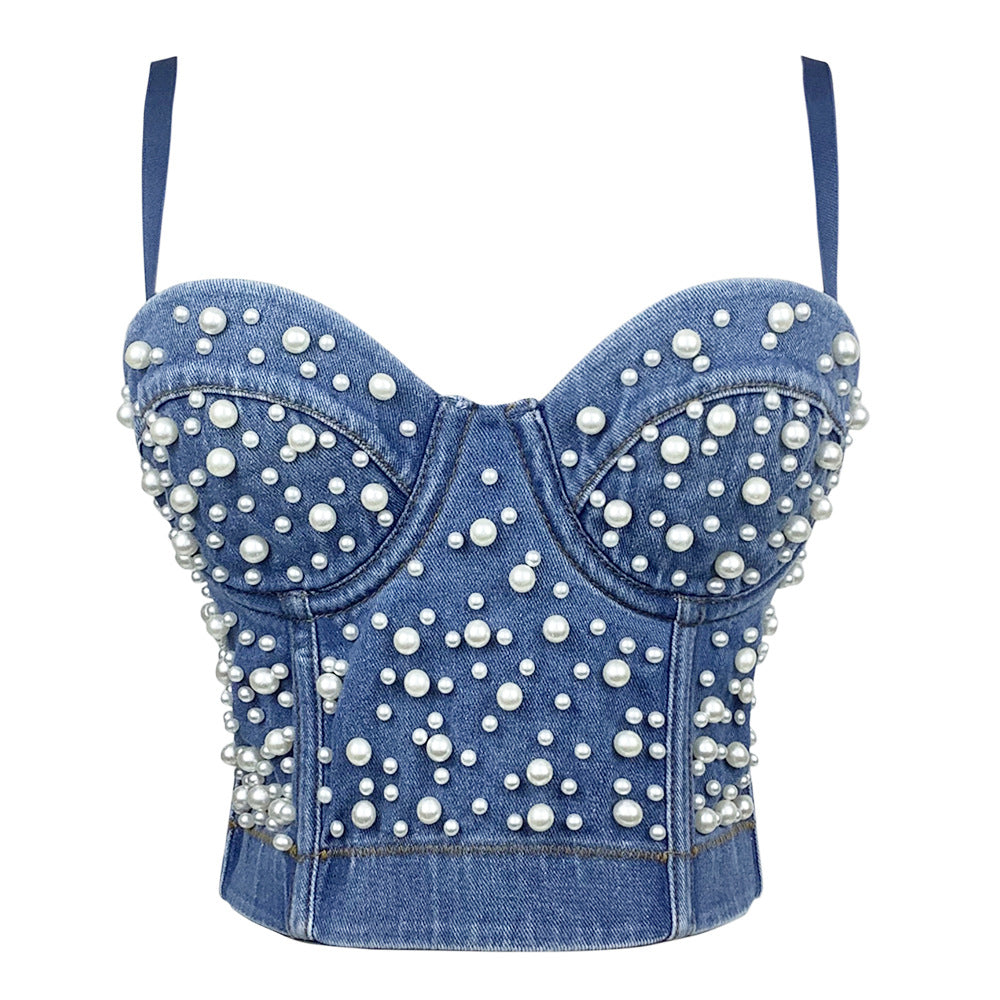 Sexy Women's Denim Bustier Top – Pearl Embellished Strappy Cropped Corset Vest