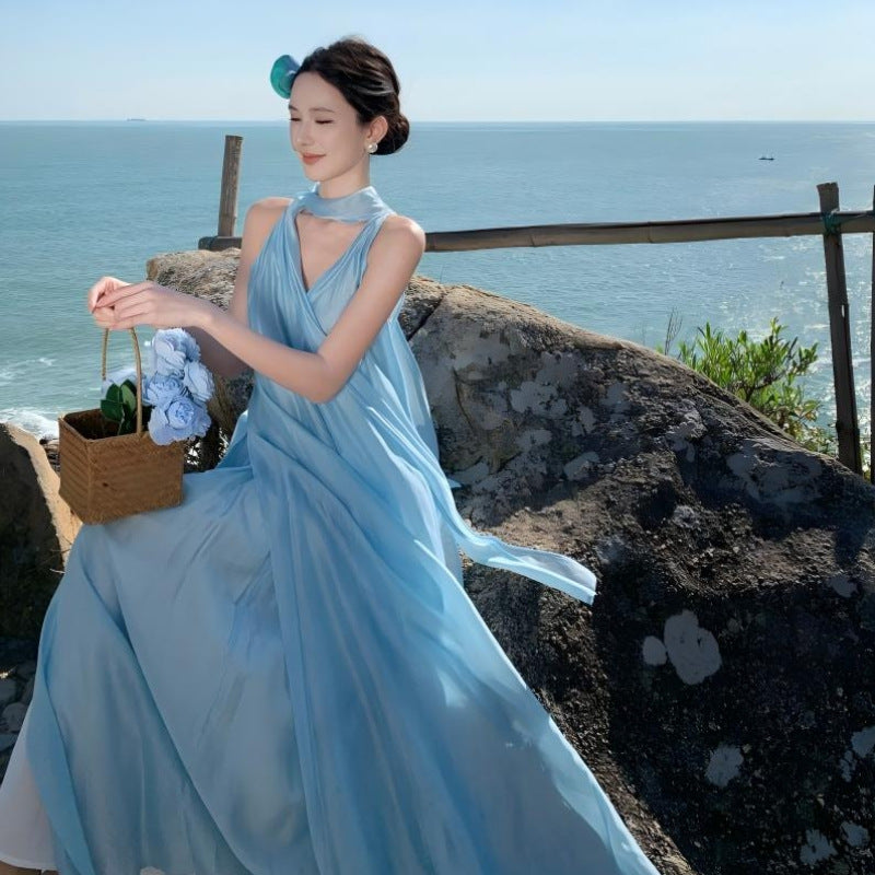 Ethereal Tie-Neck Maxi Dress – Flowy Goddess Silhouette with Elegant Sash Detail