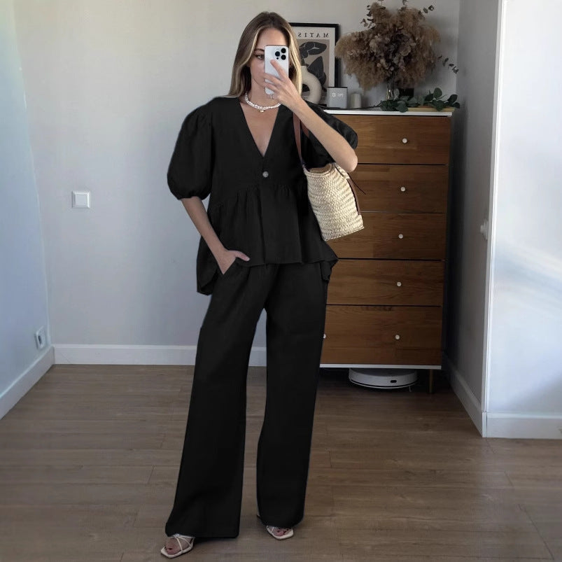 Sweet Solid Color Cotton Set - V-Neck Top & Bubble Sleeve Shorts 2-Piece Outfit