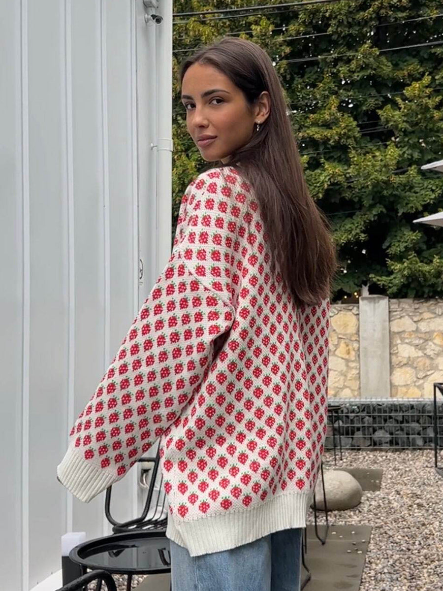 Oversized Strawberry Print Sweater