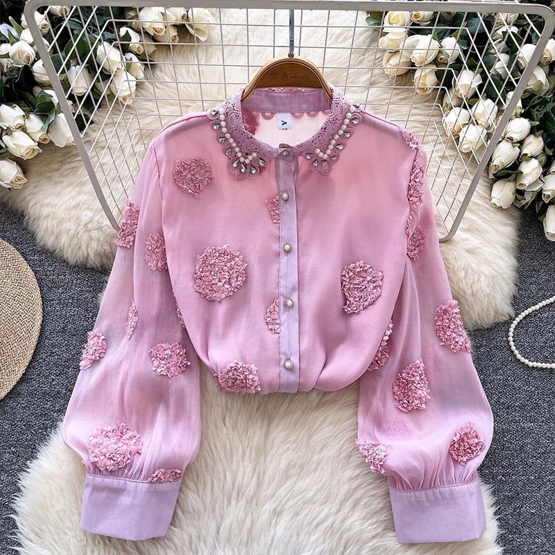 Beaded 3D Floral Mesh Shirt