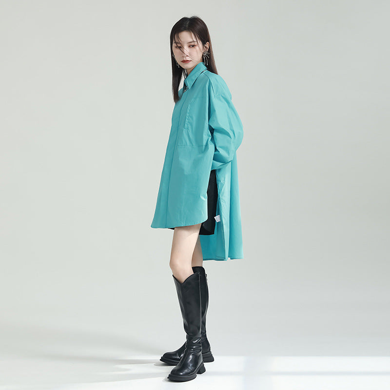 Oversized Asymmetrical Shirt – Trendy Longline Loose Fit Casual Blouse-Blue-One Size-Free Shipping Leatheretro