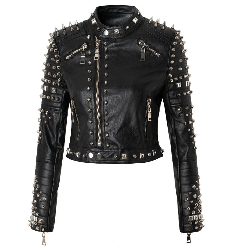 Black Punk Style Rived Short PU Jacket for Women