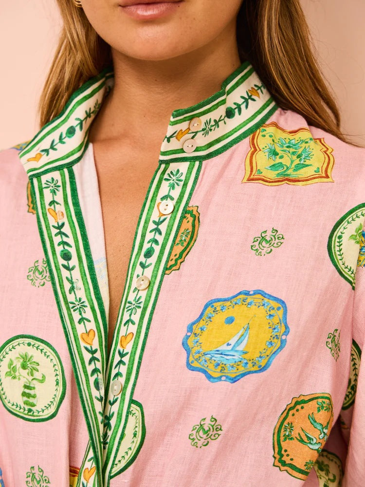 Stylish Linen Dress with Graffiti Print and Lantern Sleeves