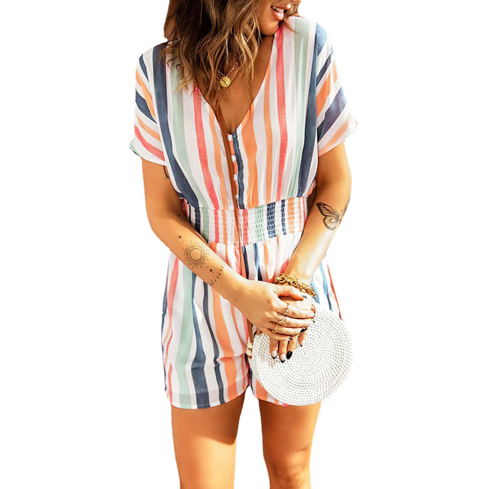 Summer Casual Striped Elastic Waist Romper Jumpsuits