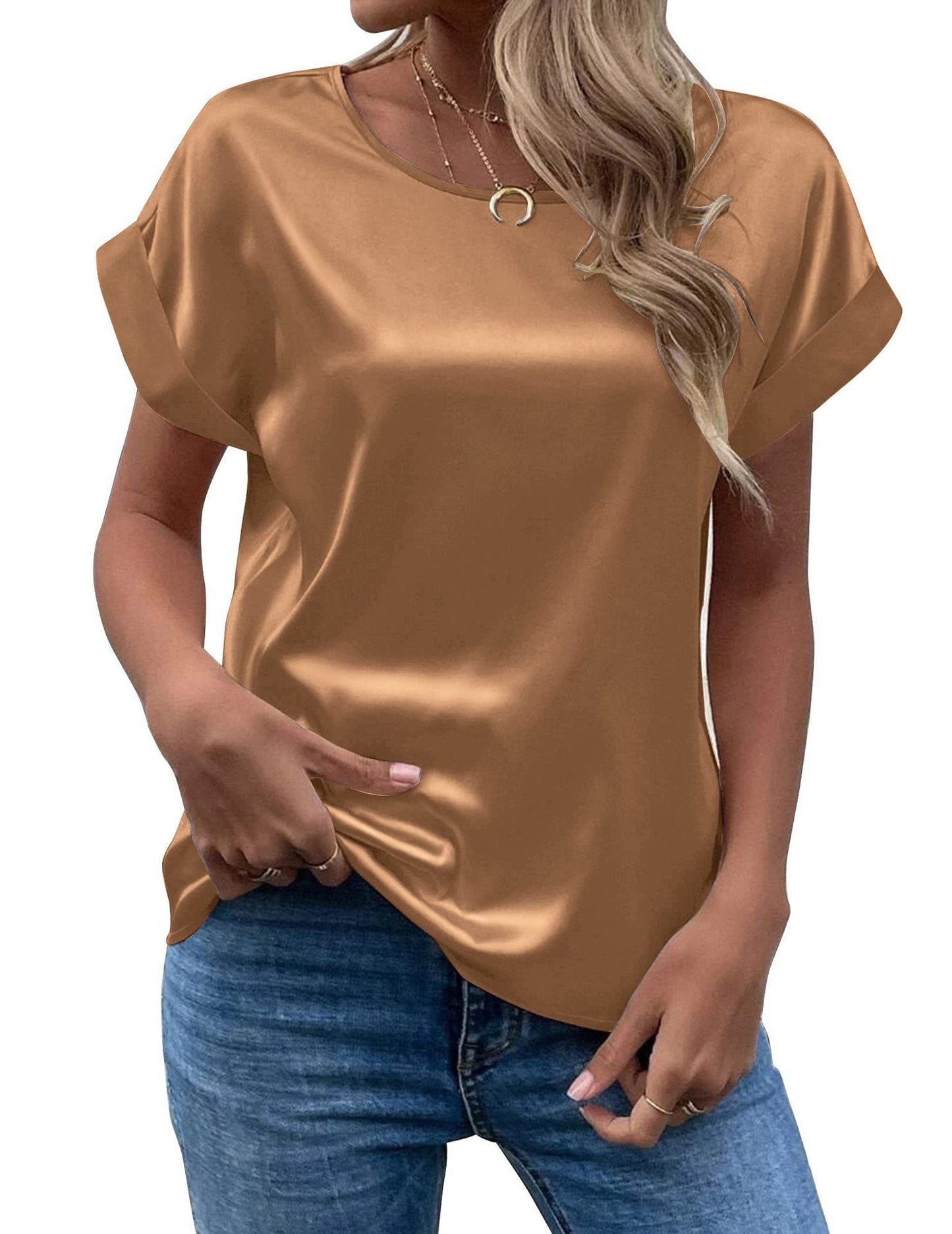 Simple Design Satin Women Short Sleeves Blouses