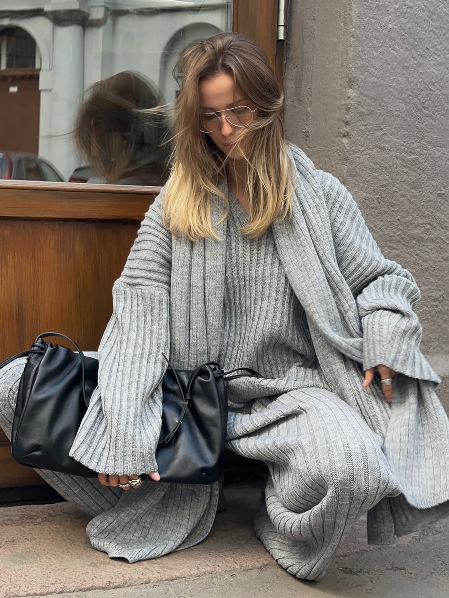 Women's V-Neck Ribbed Knit Sweater Set