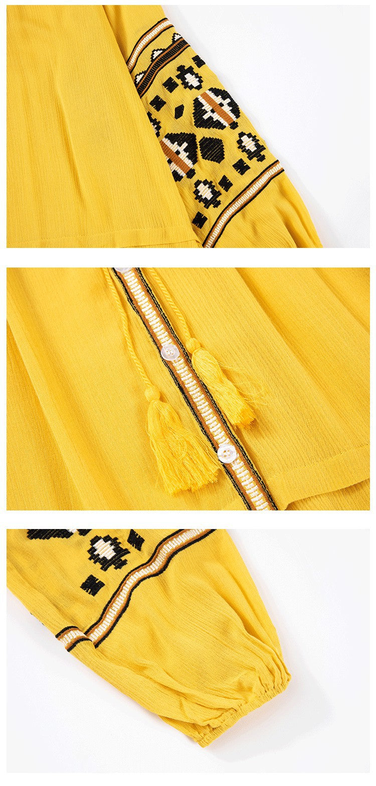 Bohemian Ethnic Embroidered Loose Front Button Dress
