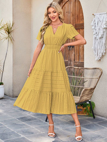 V-Neck Pleated Puff Sleeves Long-Sleeved Dress