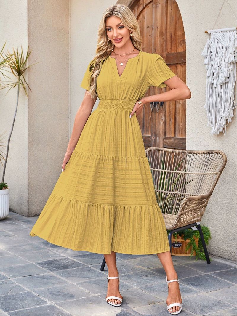 V-Neck Pleated Puff Sleeves Long-Sleeved Dress