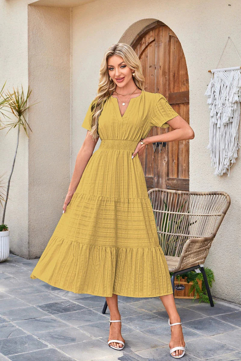 V-Neck Pleated Puff Sleeves Long-Sleeved Dress