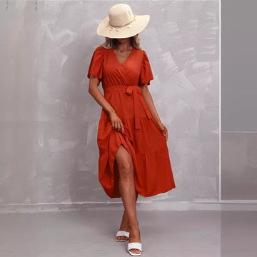 Women's Summer Solid Color V-Neck Short Sleeve Dress