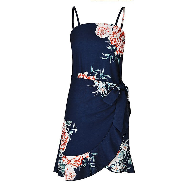 Women Leaf Print Chiffon Summer Irregular Beach Short Dresses