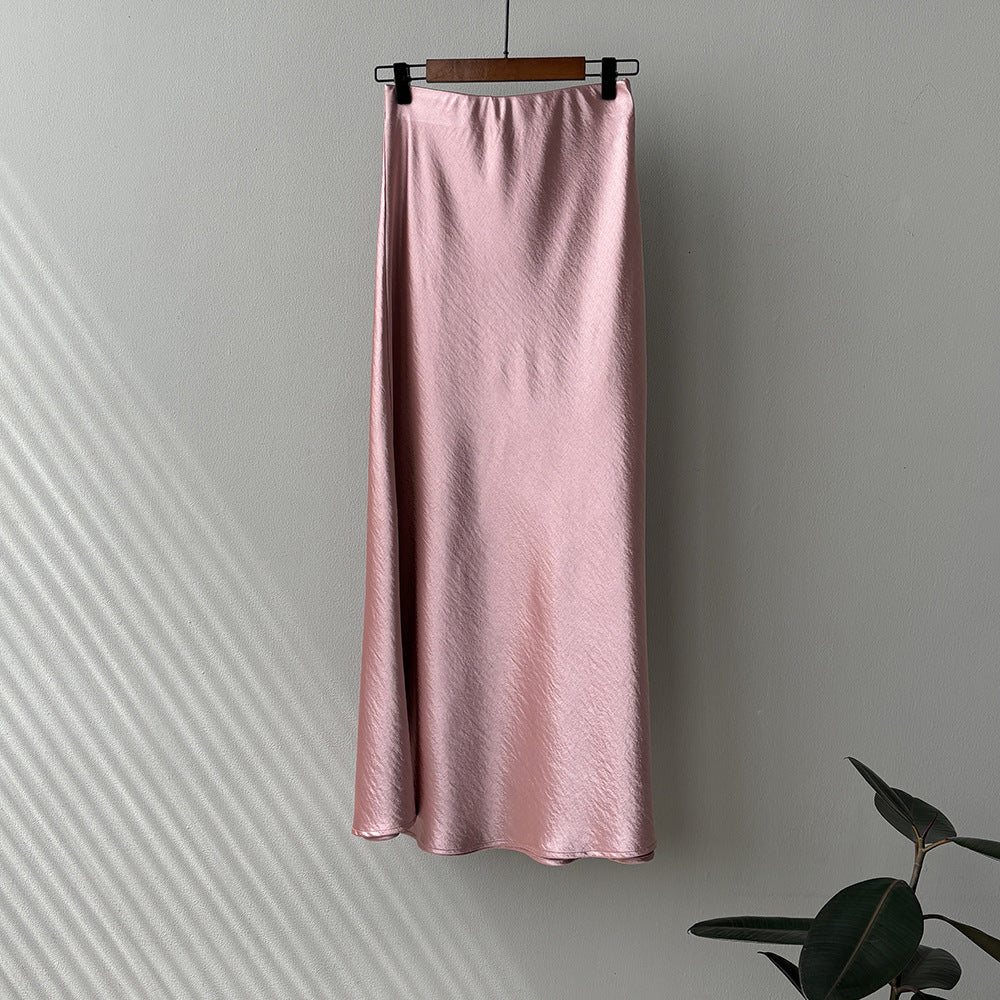 uxury Satin Midi Skirt – High Waist Bodycon Fishtail Skirt with Textured Detail-Pink-M-Free Shipping Leatheretro