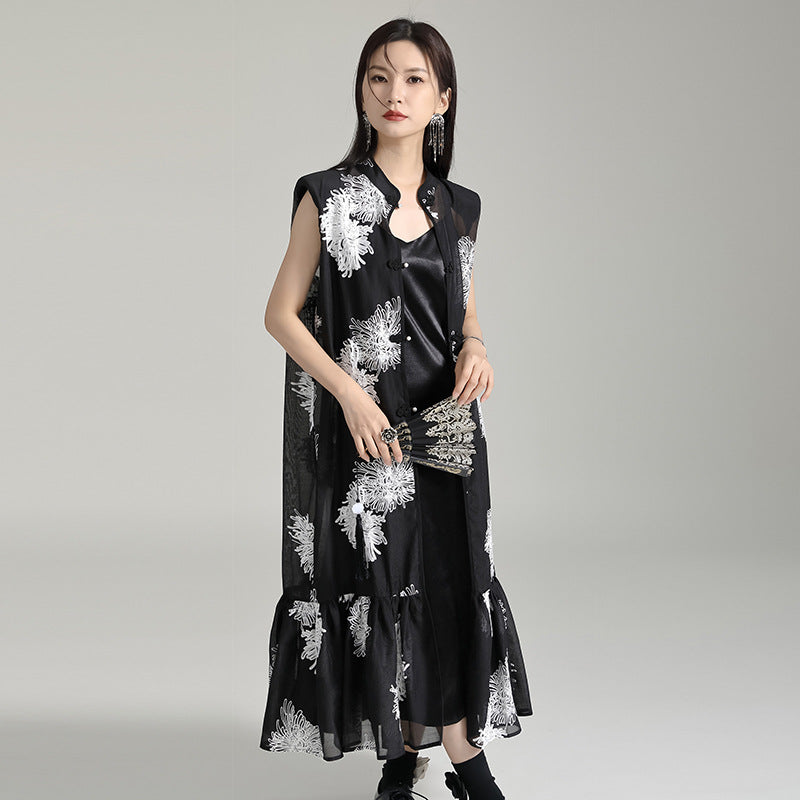 Vintage Embroidery Sleeveless Long Black Dresses with Belt-Dresses-Cardigan+Dress+Belt-One Size-Free Shipping at meselling99