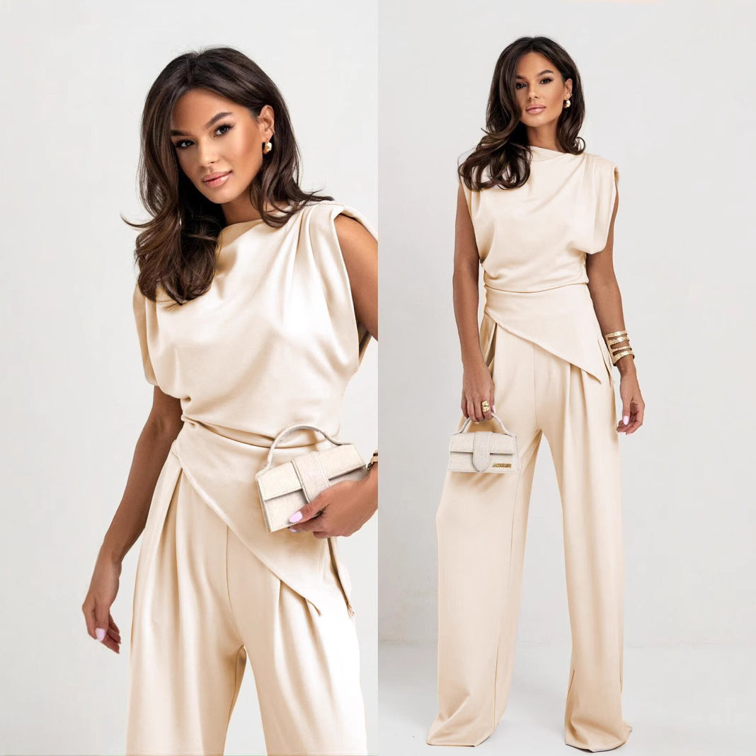 Summer Fashion Solid Color Asymmetrical Short Sleeve Set