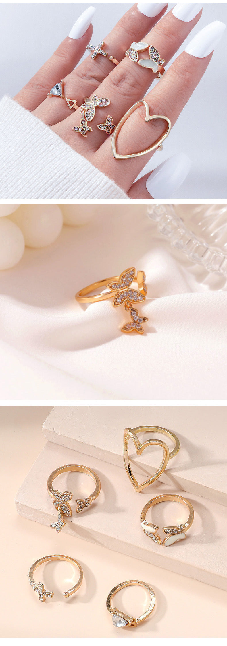5-Piece Cross, Triangle, Heart Hollow-Out Drop Oil Butterfly Ring Set