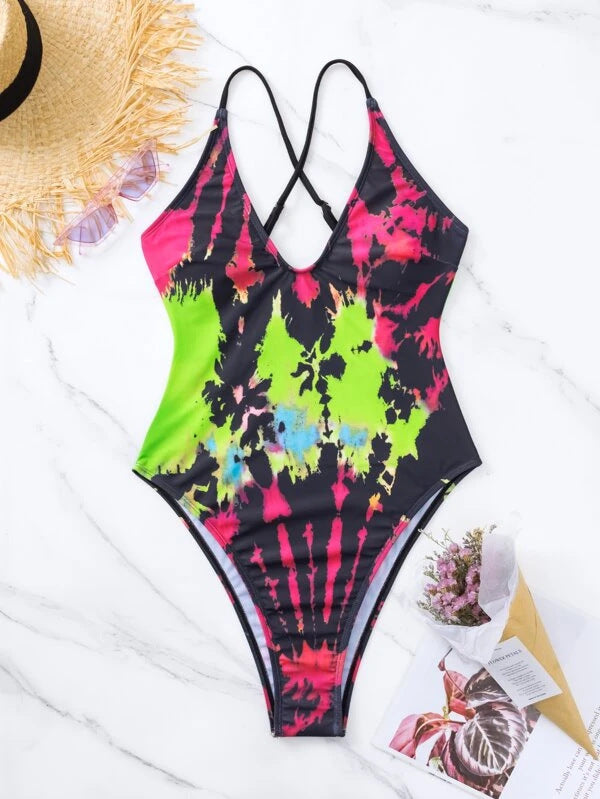 Ombre Tie-Dye Print One-Piece Swimsuit Sexy Bikini for Women