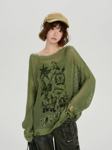 Girlyhalo Retro Y2K Printed Hollow-Out Knit Top