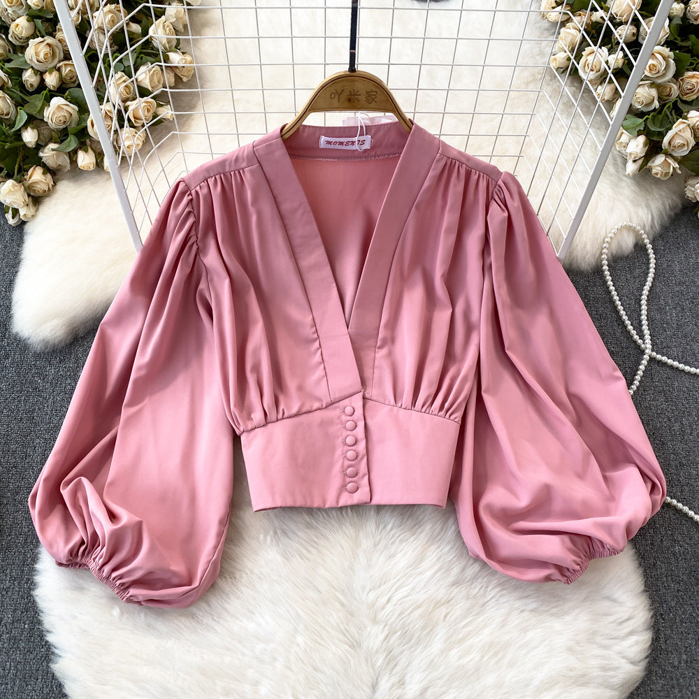 Women's Fashion V-Neck Lantern Sleeve Crop Top