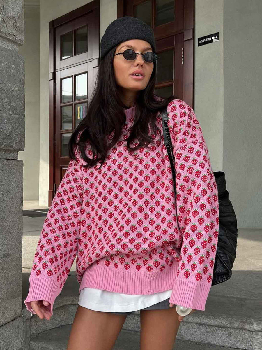 Oversized Strawberry Print Sweater