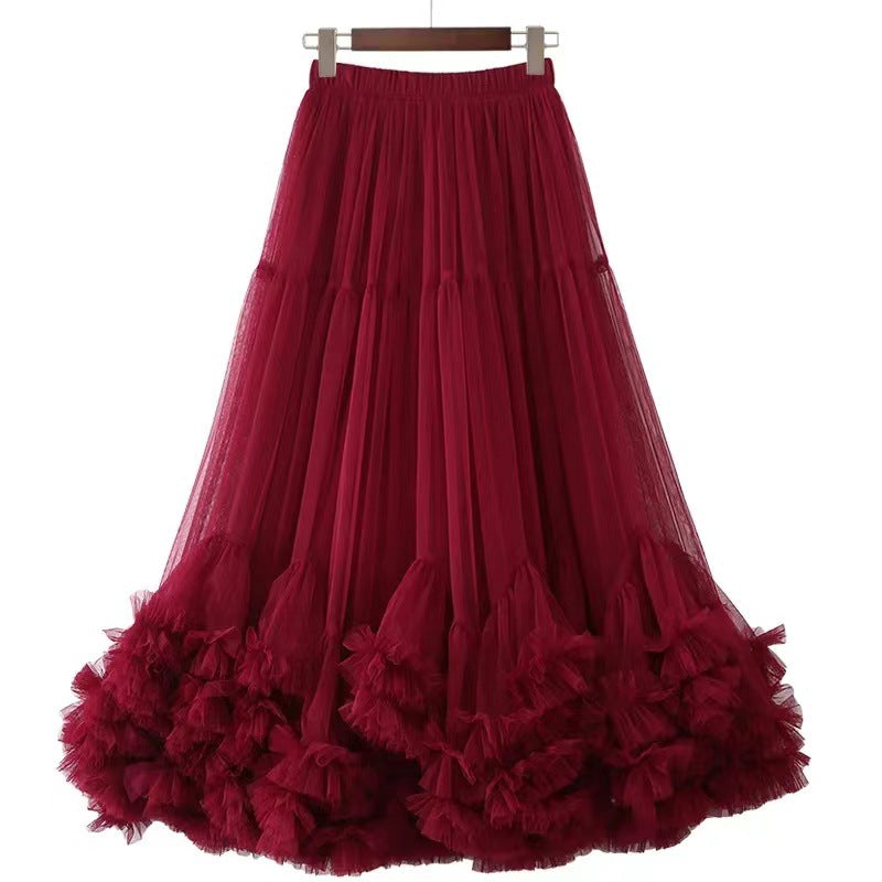 Layered Tulle Skirt with Floral Lace Trim-burgundy-One Size-Free Shipping Leatheretro