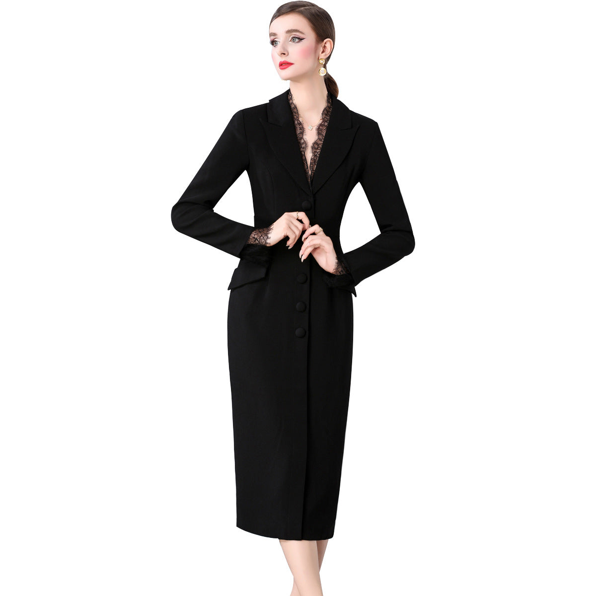 Lace Trimmed Blazer Office Dress - Women's Elegant Black Dress