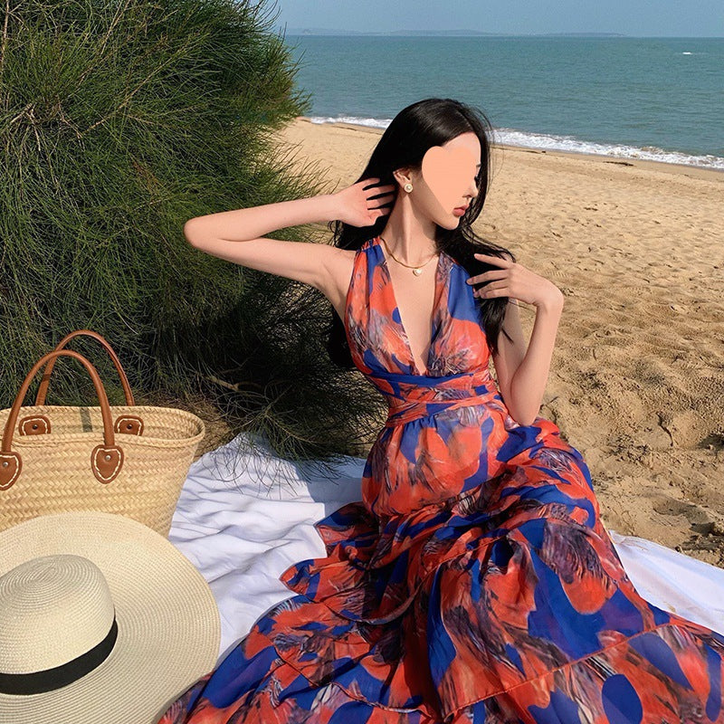 Halter Neck Printed Maxi Dress – High Waist, Backless Beach Cover-Up