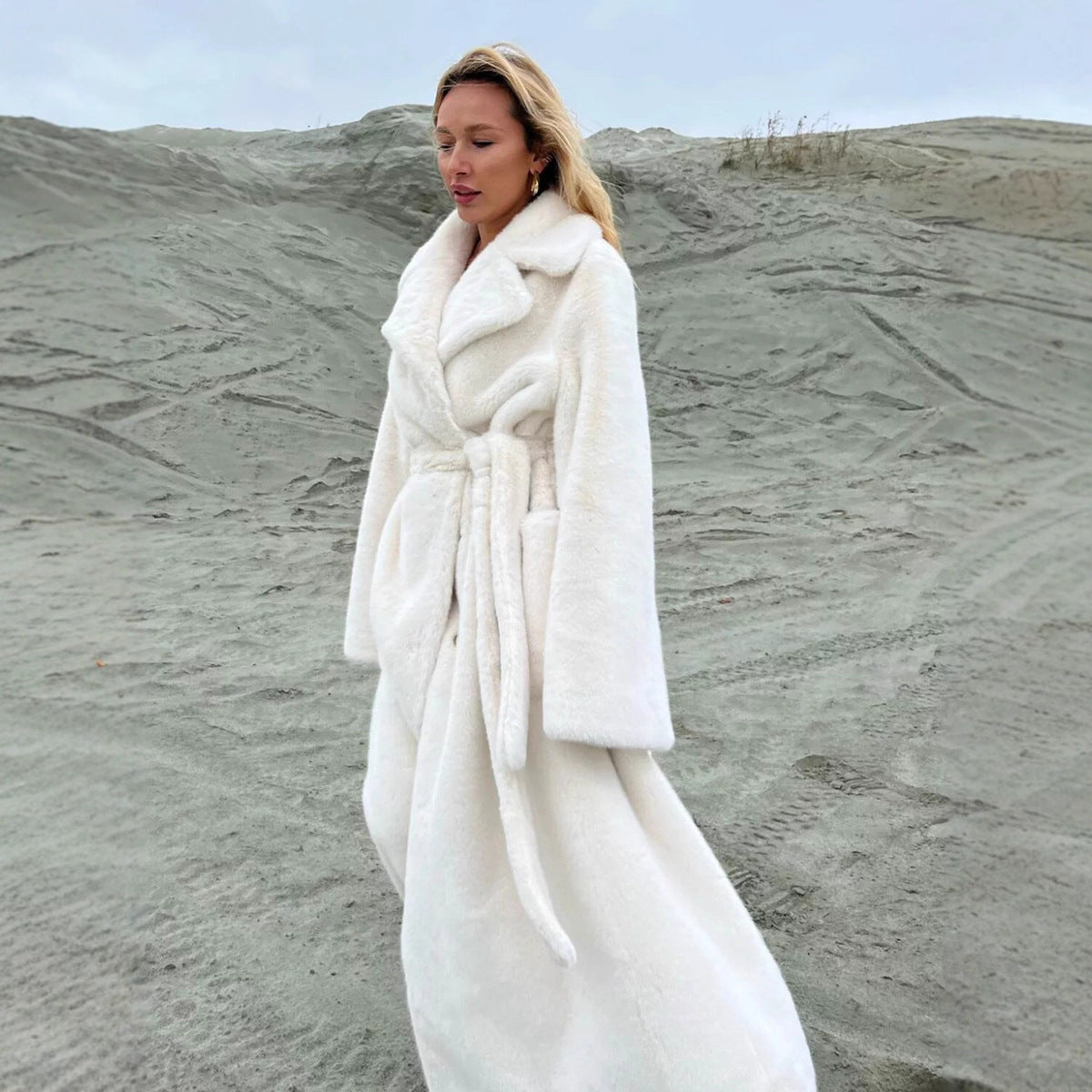 Women's Long Plush Fur Coat with Belted Waist & Notched Lapel