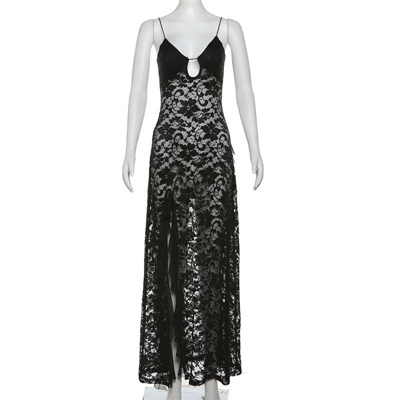 Summer Black Slim Fit High Waist V-Neck Mesh Slip Dress