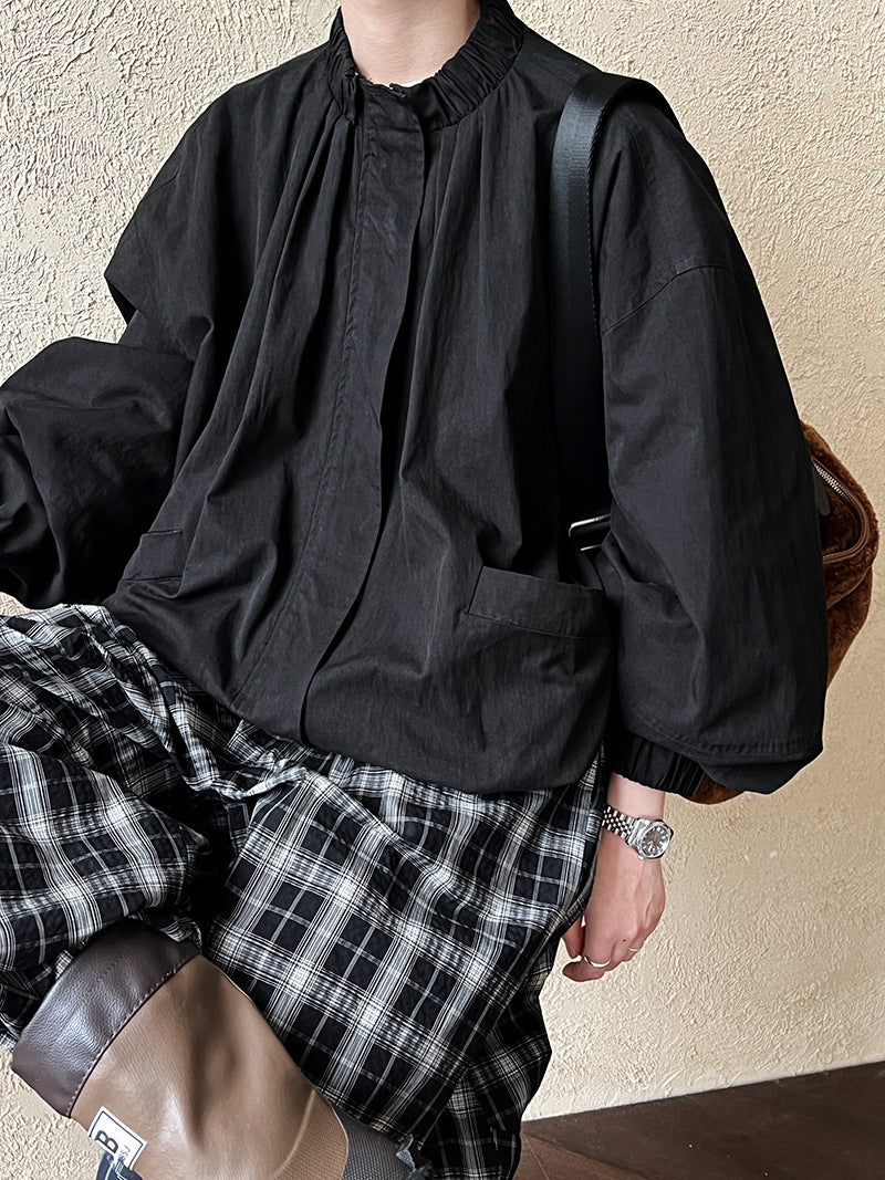 Women's Stand Collar Zip-Up Cotton Jacket-Black-M-Free Shipping Leatheretro