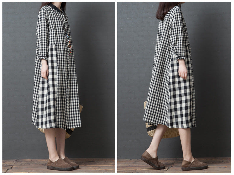 Vintage Plaid Long Sleeves Midi Dresses-Dresses-Free Shipping at meselling99