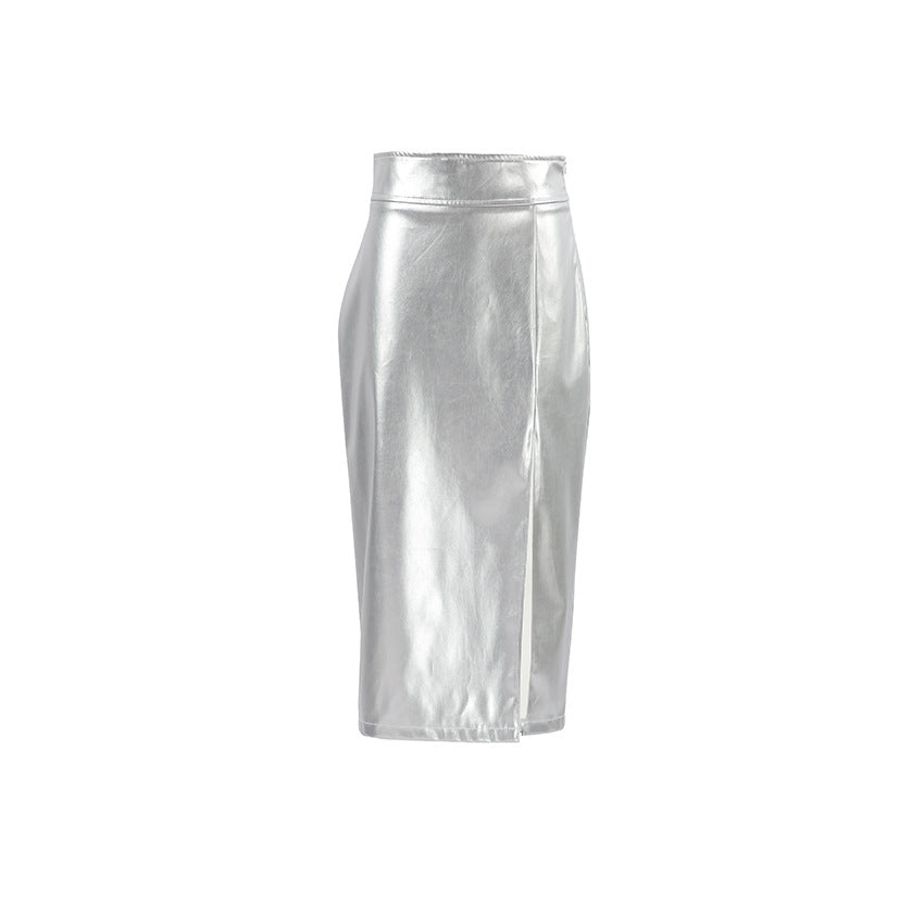 Designed Pu High Waist Sexy Silver Skirts