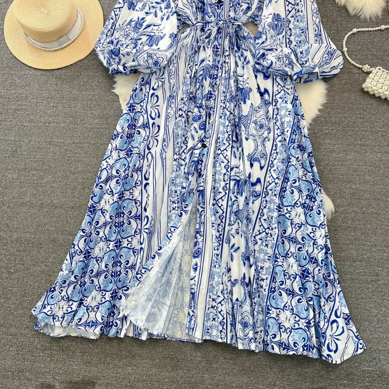 Retro Palace Style Lantern Sleeve Round Neck A-Line Floral Print Button-Down Waist Dress