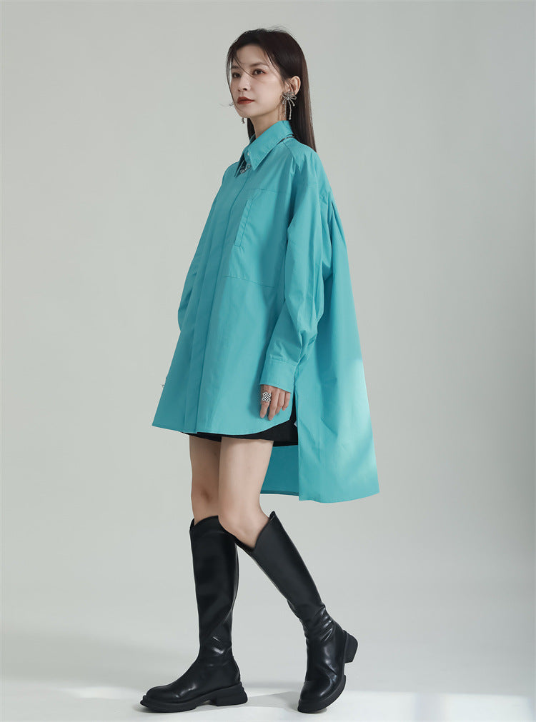 Oversized Asymmetrical Shirt – Trendy Longline Loose Fit Casual Blouse-Apricot-One Size-Free Shipping Leatheretro