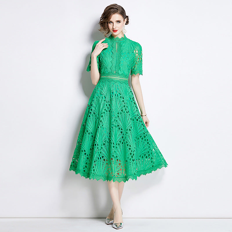 Elegant Round Neck Summer Midi Length Lace Dresses