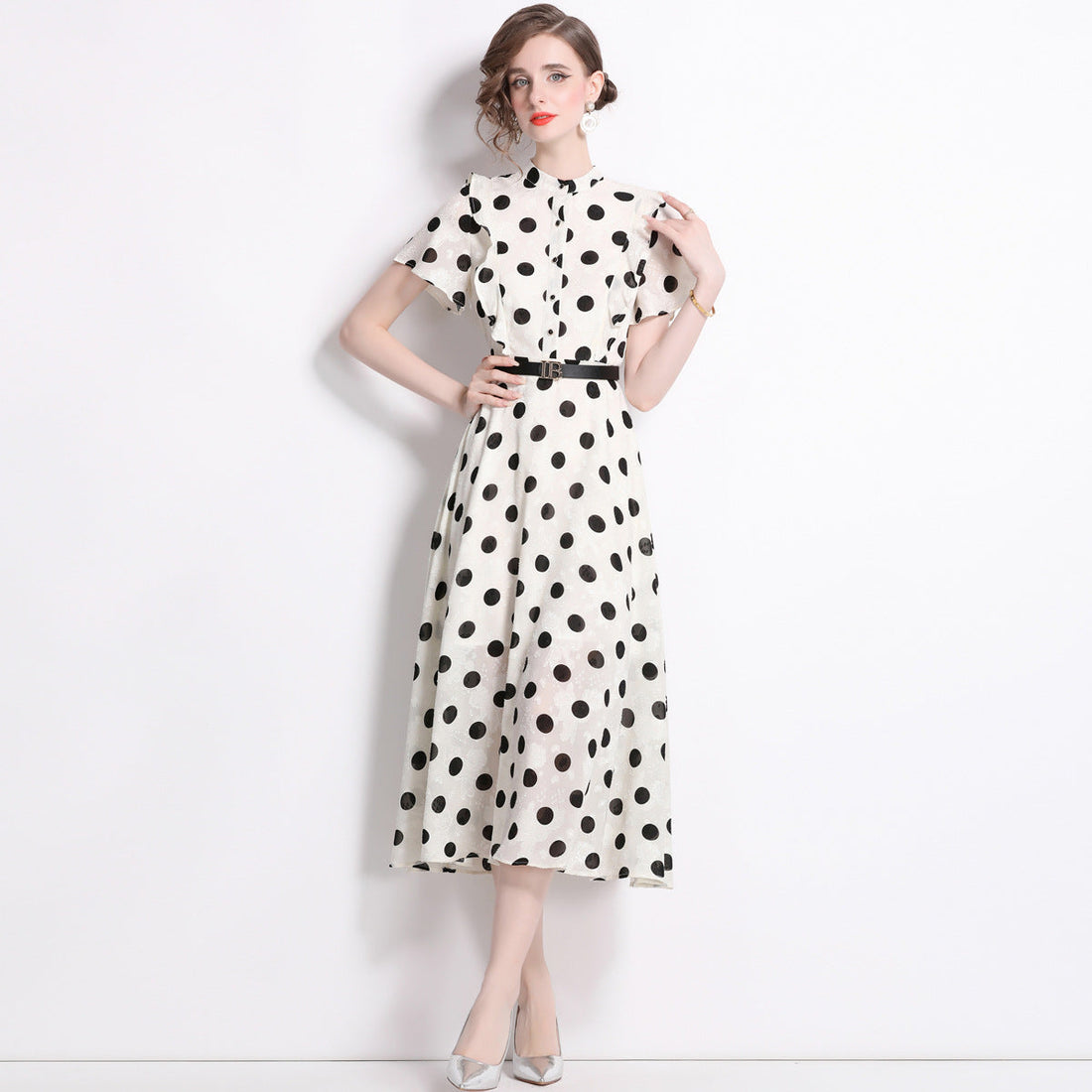 Elegant Polk Dot Short Sleeves Midi Length Dresses