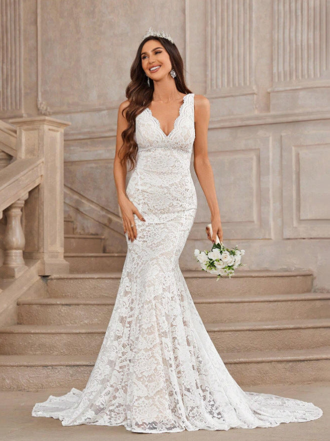Sexy Deep V Sleeveless Mermaid Lace Wedding Dress
