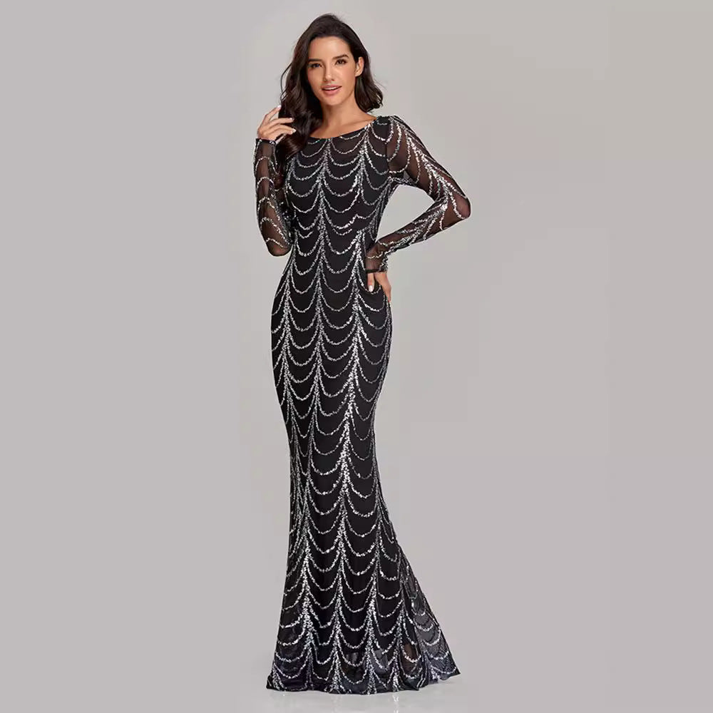 Elegant Mermaid Evening Gown – Sequined Long Sleeve Round Neck Party Dress