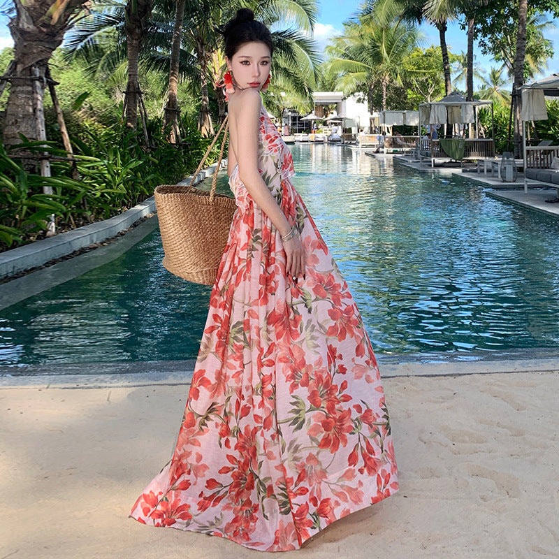 Lily Flower Winged Halter Backless Maxi Dress – Elegant Summer Vacation Gown