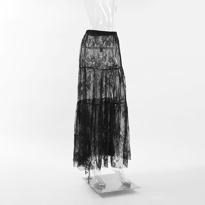 Black Sheer Lace High Waist Pencil Skirt