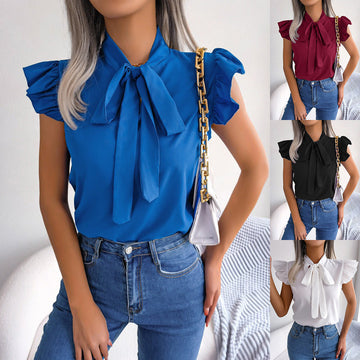 Solid Color Ruffled Tie-Bow Blouse – Elegant Women’s Shirt