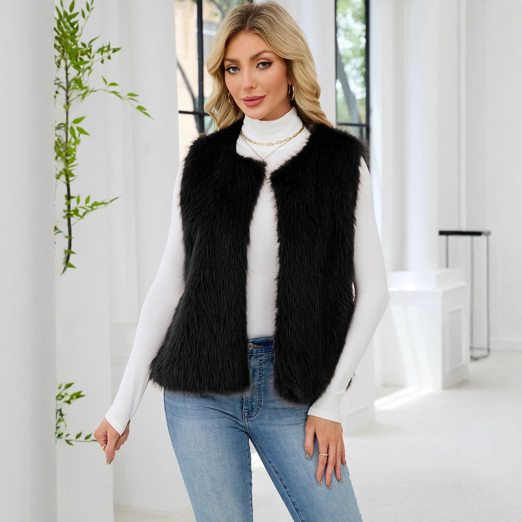 Faux Fur V-Neck Vest Sleeveless Top