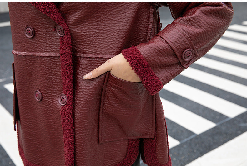 Women's Winter Faux Fur-Trimmed  Plus Sizes Leather Jacket