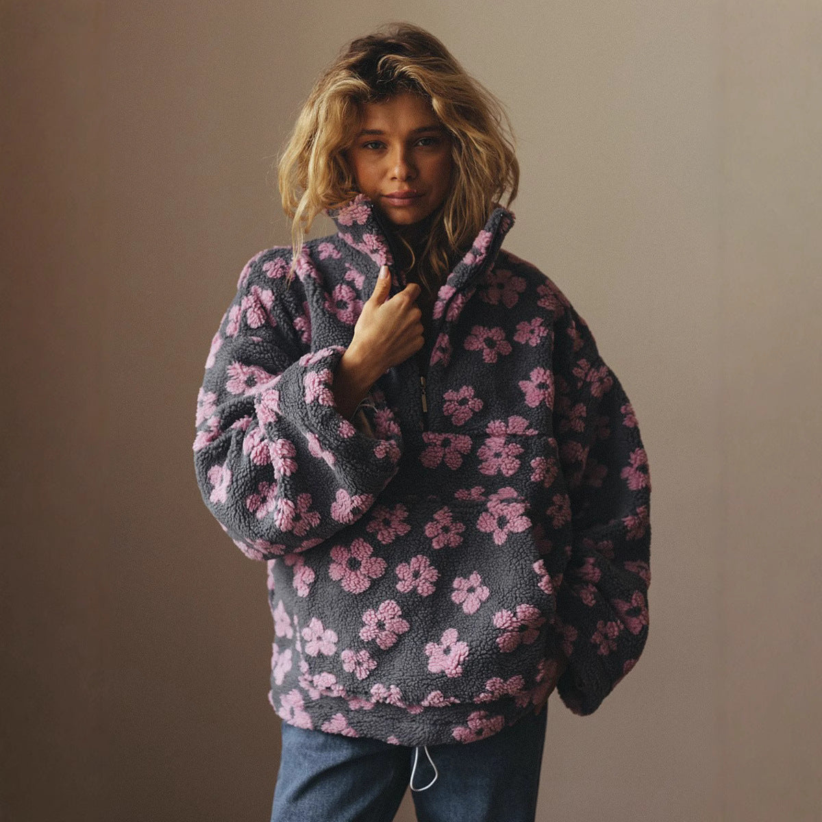 Women's Floral Print Sherpa Hoodie