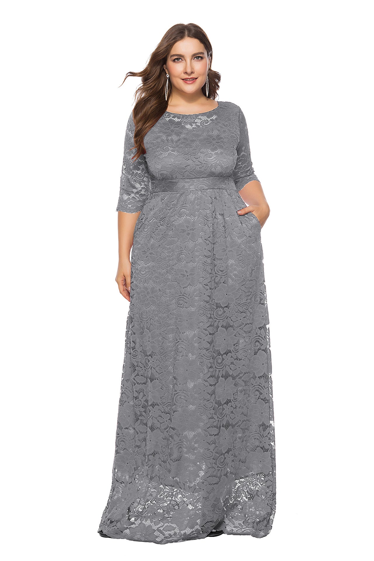 Plus Size Lace Evening Gown with Pockets