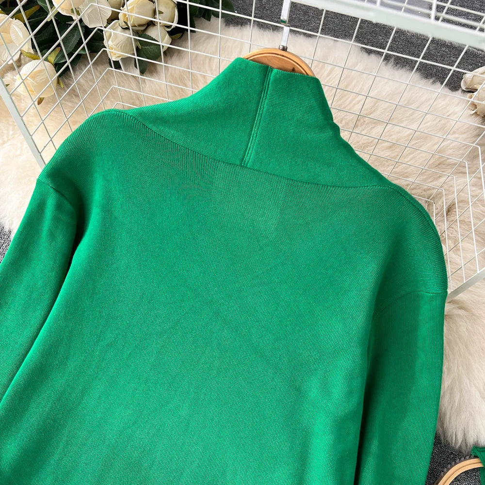 Fashion Fall Knitted 3pcs Cardigan High Neck Sweater Wide Legs Pants